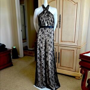 Alice +Olivia Leather Trimmed Lace Empire Waist, Halter Wide Leg Jumpsuit NWT 10